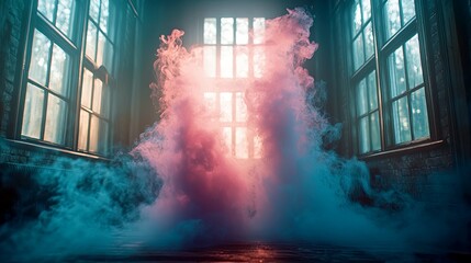 Wall Mural - Ethereal Smoke in a Room: Pink and Blue Hues Illuminate the Interior Architecture