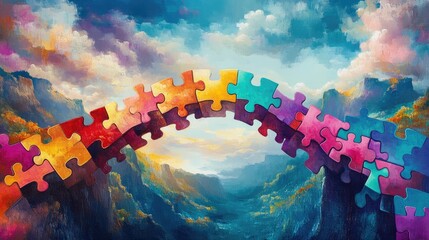 Poster - A colorful puzzle bridge connecting across a vibrant landscape, where every piece interlocks perfectly, symbolizing the strength of teamwork and collaboration.
