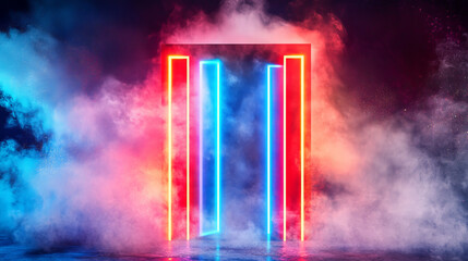 Poster - Neon lights doors set isolated on transparent background. Vector realistic illustration of red, turquoise, blue rectangle frame portals with smoke, sparkling, glow effects, magic gate, cyber teleport