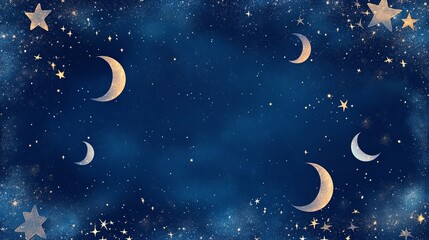 Wall Mural - midnight stars: a celestial frame of stars and moons with a deep navy gradient background