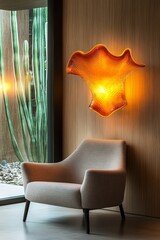 Poster - Amber glass wall lamp illuminates modern chair in desert home