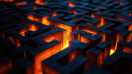 Poster - A complex dark maze illuminated by glowing orange paths, symbolizing the process of problem-solving, strategic decisions, and the pursuit of success.