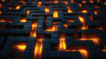 Poster - A complex dark maze illuminated by glowing orange paths, symbolizing the process of problem-solving, strategic decisions, and the pursuit of success.