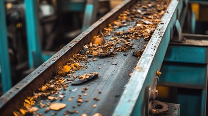 Poster - A conveyor belt exhibiting damage and debris accumulation, stressing the importance of regular maintenance or replacement in industrial manufacturing for optimal productivity.