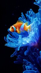 Poster - Two lively clownfish gracefully glide through their anemone home, surrounded by intricate sea plants in the enchanting blue depths of the ocean, creating a mesmerizing spectacle
