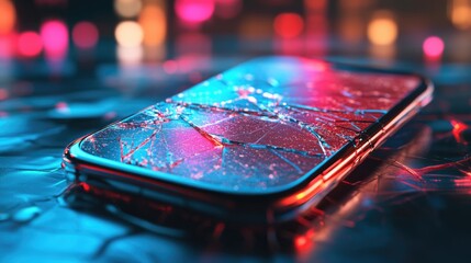 Poster - A cracked neon smartphone screen displaying digital glitches, symbolizing technology failure, data corruption, and cyber vulnerabilities in a futuristic setting.