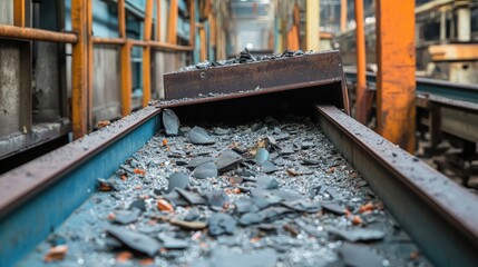 Poster - A conveyor belt exhibiting damage and debris accumulation, stressing the importance of regular maintenance or replacement in industrial manufacturing for optimal productivity.