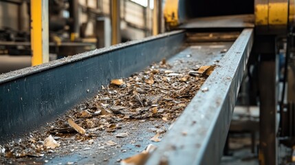 Poster - A damaged and worn-out conveyor belt in an industrial environment, with accumulated debris, underlining the need for repairs or replacement to keep production running smoothly.