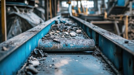 Poster - A damaged and worn-out conveyor belt in an industrial environment, with accumulated debris, underlining the need for repairs or replacement to keep production running smoothly.