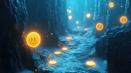 Poster - A daring canyon crossing with glowing coins leading to a glowing safe, representing the risk and ultimate reward of financial decision-making.