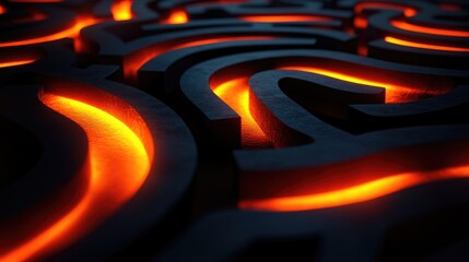 Poster - A dark labyrinth with glowing orange light highlighting the solution route, illustrating the metaphor of overcoming challenges and navigating through strategic problem-solving.