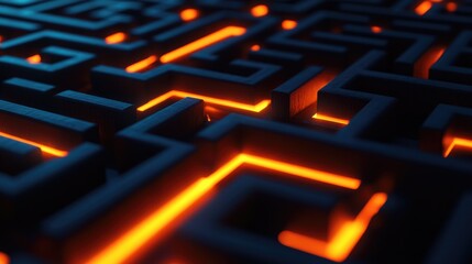 Poster - A dark labyrinth with glowing orange light highlighting the solution route, illustrating the metaphor of overcoming challenges and navigating through strategic problem-solving.