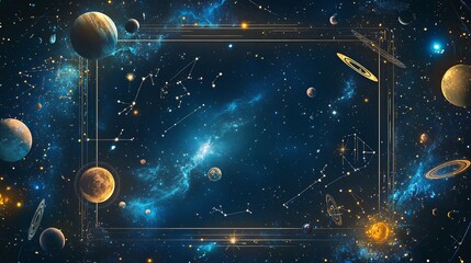 cosmic wonder: a glowing frame of constellations and planets on a dark starry sky