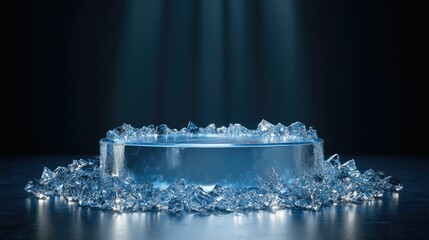 Poster - A dazzling crystalized ice podium with sapphire accents, offering an empty space for high-end product packaging.