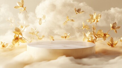 Poster - A delicate podium surrounded by golden petals twirling in a soft cloud of wax, awaiting an elegant product showcase.