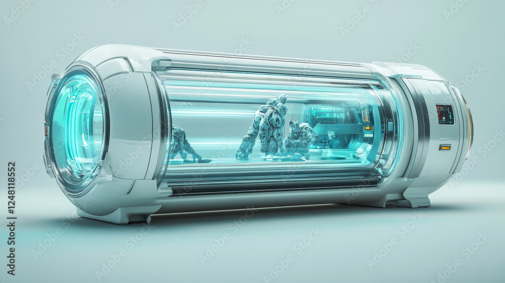 Cryonics capsule, futuristic container with glass tube and cryogenic ...
