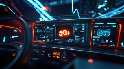 Poster - A detailed image of the interface inside an autonomous vehicle, with data displays accompanied by a glowing 5G signal logo, highlighting robust connectivity for real-time communication.