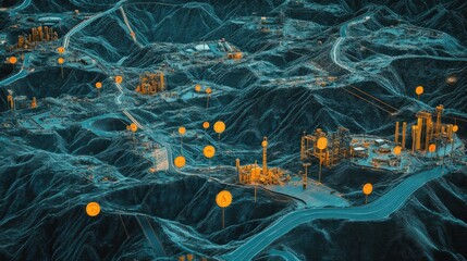 Aufkleber - A detailed view of a topographic map showing marked locations of local resources and a highlighted path leading to a factory, showcasing a more efficient and localized supply chain.