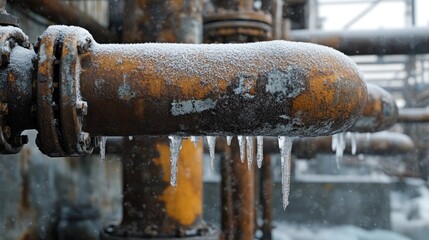Aufkleber - A detailed view of frozen and corroded pipes leaking water in a winter industrial environment, illustrating the impact of extreme cold on the integrity of manufacturing infrastructure.