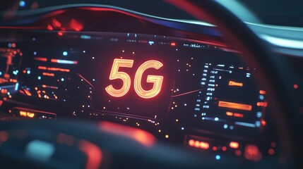 Poster - A detailed view of the interface inside an autonomous vehicle, with digital data displays and a glowing 5G signal logo, showcasing advanced communication technology for smart mobility.