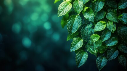 Wall Mural - Lush green leaves, dark background, nature bokeh, website banner