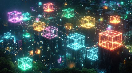 Poster - A digital cityscape of glowing cubes, each representing a different startup, linked by vibrant luminous pathways symbolizing economic collaboration and innovation in a connected ecosystem.