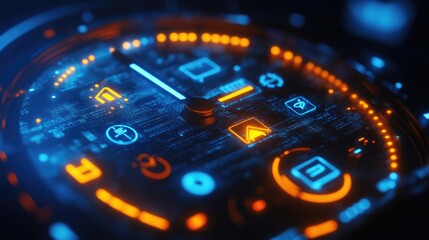 Poster - A digital clock face glowing with smart home icons, illustrating the integration of time management and cutting-edge technology for a connected, modern lifestyle.