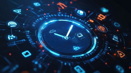 Poster - A digital clock face glowing with smart home icons, illustrating the integration of time management and cutting-edge technology for a connected, modern lifestyle.