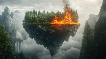 Poster - A dramatic scene of a floating island with green forests on one side and fiery lava on the other, symbolizing natural balance, with a clean podium for product presentation.