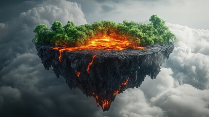 Poster - A dramatic scene of a floating island with green forests on one side and fiery lava on the other, symbolizing natural balance, with a clean podium for product presentation.