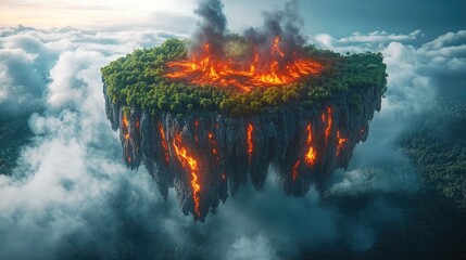 Poster - A dramatic scene of a floating island with green forests on one side and fiery lava on the other, symbolizing natural balance, with a clean podium for product presentation.