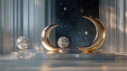 Poster - A dreamy podium of golden moons and silver stars, waiting for the placement of a product in a sophisticated empty showcase