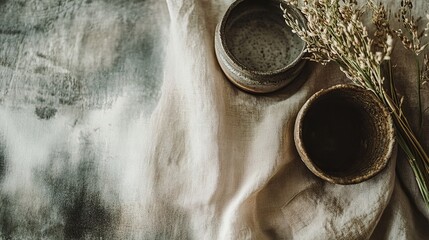 Wall Mural - Close-up of textured pottery arranged on a soft linen background