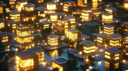 Poster - A futuristic 3D cityscape formed by glowing cubes, each representing a unique startup, interconnected by bright pathways, demonstrating the synergy of economic collaboration and growth.