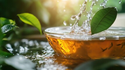 Poster - A fountain of tea-infused water flowing smoothly, surrounded by floating tea leaves, capturing energy, refreshment, and natural harmony.