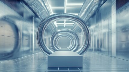 Poster - A futuristic metallic pipe running through a building with intricate bends, set beside an empty podium for packaging product display.