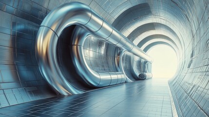 Poster - A futuristic metallic pipe running through a building with intricate bends, set beside an empty podium for packaging product display.