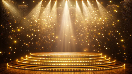 Wall Mural - Gold light show stage. Abstract spotlight podium. Golden concert or winner ceremony studio with glitter and platform. Shiny bright night club event 3d stairs pedestal bg design. Sparkle flare scene