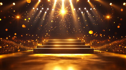 Wall Mural - Gold light show stage. Abstract spotlight podium. Golden concert or winner ceremony studio with glitter and platform. Shiny bright night club event 3d stairs pedestal bg design. Sparkle flare scene