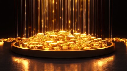 Poster - A glowing fountain flowing with golden liquid coins and bars into a shimmering pool, symbolizing abundance and wealth circulation, with an elegant empty podium for display.