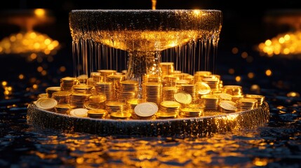 Poster - A glowing fountain flowing with golden liquid coins and bars into a shimmering pool, symbolizing abundance and wealth circulation, with an elegant empty podium for display.