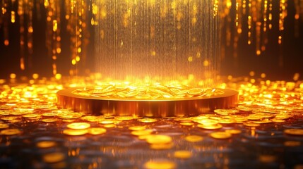 Poster - A glowing fountain flowing with golden liquid coins and bars into a shimmering pool, symbolizing abundance and wealth circulation, with an elegant empty podium for display.