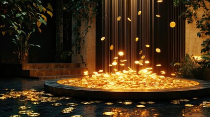 Poster - A glowing fountain of golden coins and bars flowing into a shimmering pool, embodying abundance, with an empty sleek podium for product presentation.