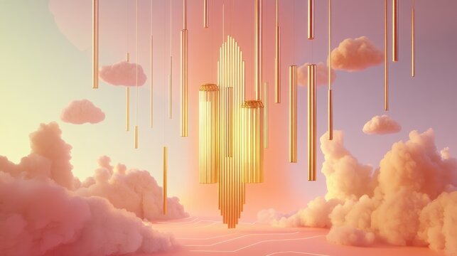 A glowing golden wind chime with metal tubes, suspended in a dreamy, abstract landscape with pastel tones, floating clouds, and geometric shapes, evoking a sense of calm and peace