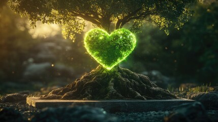 Poster - A glowing green heart embedded in the roots of an ancient tree, pulsing with radiant energy, symbolizing vitality and ecological balance, set on a minimalist podium.