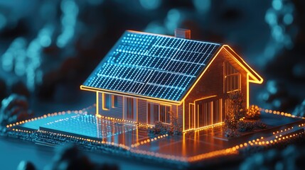 Poster - A glowing hologram of a smart home with solar panels, symbolizing the future of sustainable living and innovative technology for a greener, smarter world