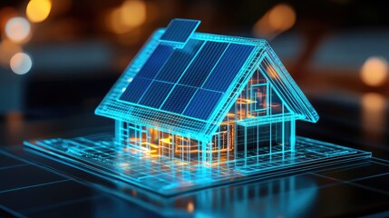 Poster - A glowing holographic projection of a smart home with solar panels on the roof, showcasing innovative technology for sustainable living in a futuristic world.