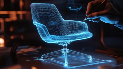 Poster - A glowing outline of a virtual chair model hovers over a hand-drawn design, with a designer adjusting proportions using a stylus, illustrating the integration of virtual and physical design.