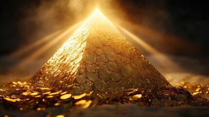 Poster - A glowing pyramid formed from gold coins and bars, with rays of light shining from the apex, symbolizing wealth, alongside a minimalist pedestal for showcasing products.