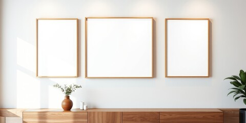 Modern minimalist living room with three blank golden framed artwork displays on a light wall above a wooden sideboard